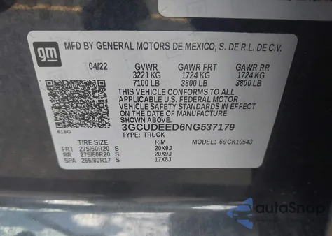 2022 Chevrolet Silverado 1500 4Wd Short Bed Rst из США, поврежденный, VIN 3GCUDEED6NG537179